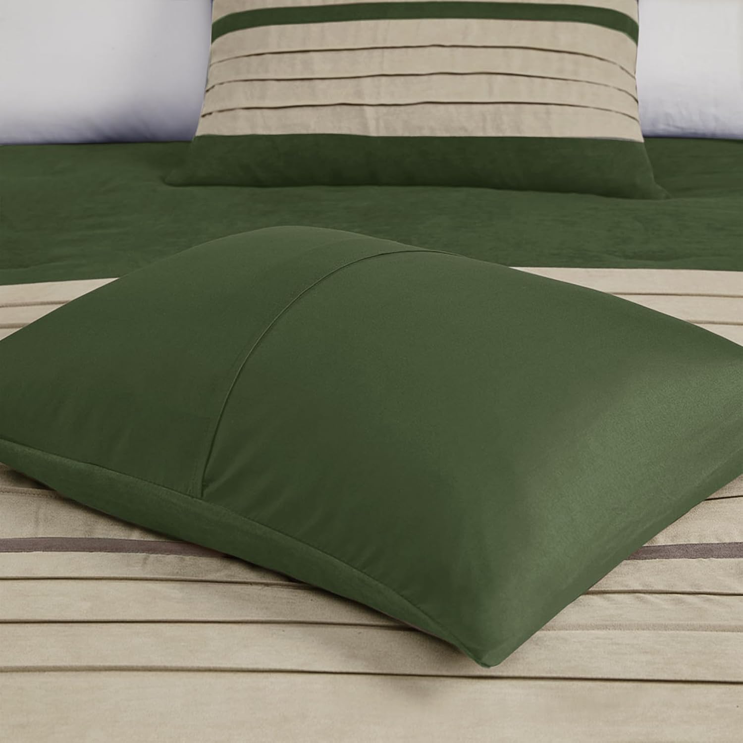 Madison Park Cozy Comforter Set-Luxury Faux Suede Design, Striped Accent, All Season Down Alternative Bedding, Matching Shams, Decorative Pillow, Green, California King (104 in x 92 in)