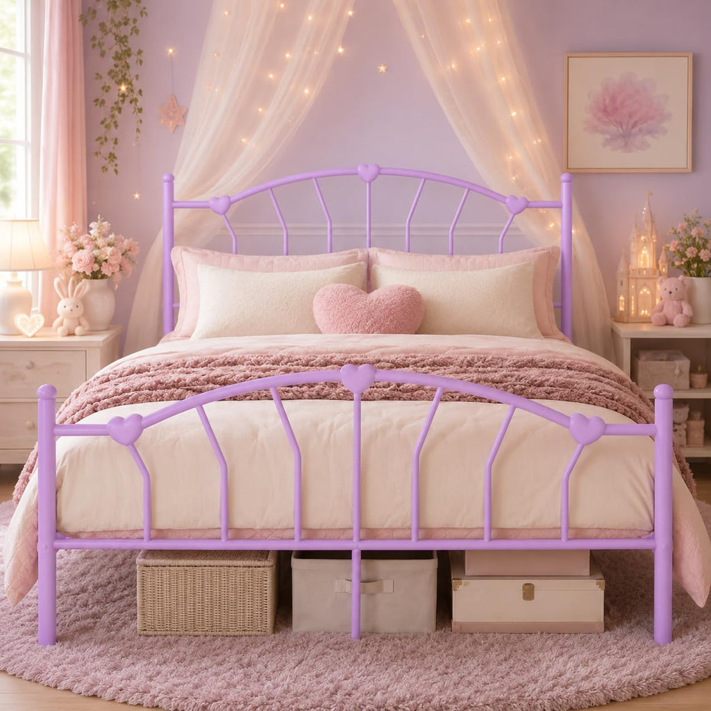 IMMERSTABLE Queen Bed Frame, Heart-Shaped Headboard Metal Platform Bed for Guest Room Bedroom, 12.5' Under Bed Storage, 800LBS Heavy Duty, Noise-Free, No Box Spring Needed, Easy Assembly, Purple