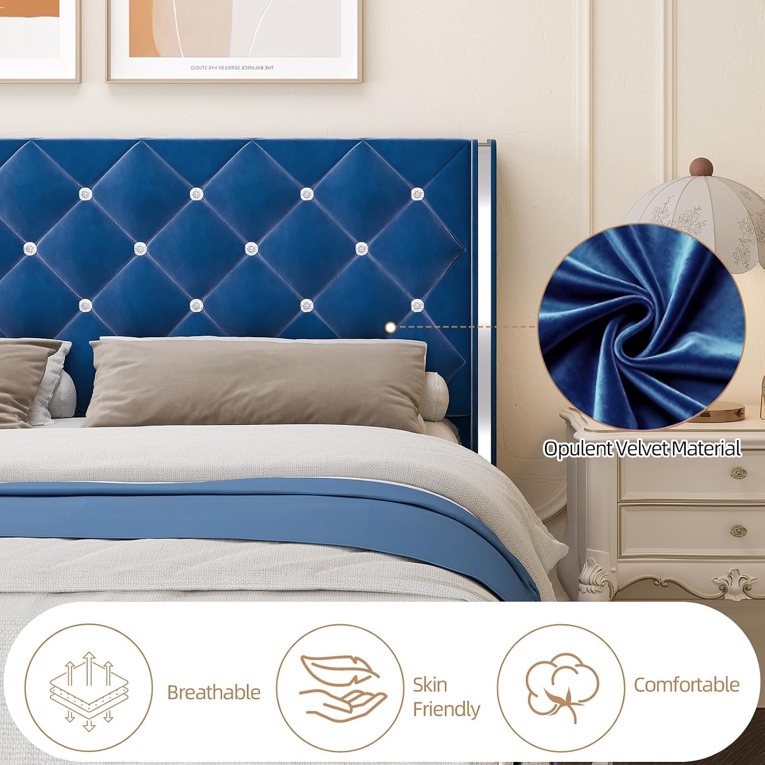 HOMBCK Twin Bed Frames, Upholstered Platform Bed with Diamond Tufted Headboard, Modern Velvet Bed Frame with Wingback Design, No Box Spring Needed, Easy Assembly, Blue