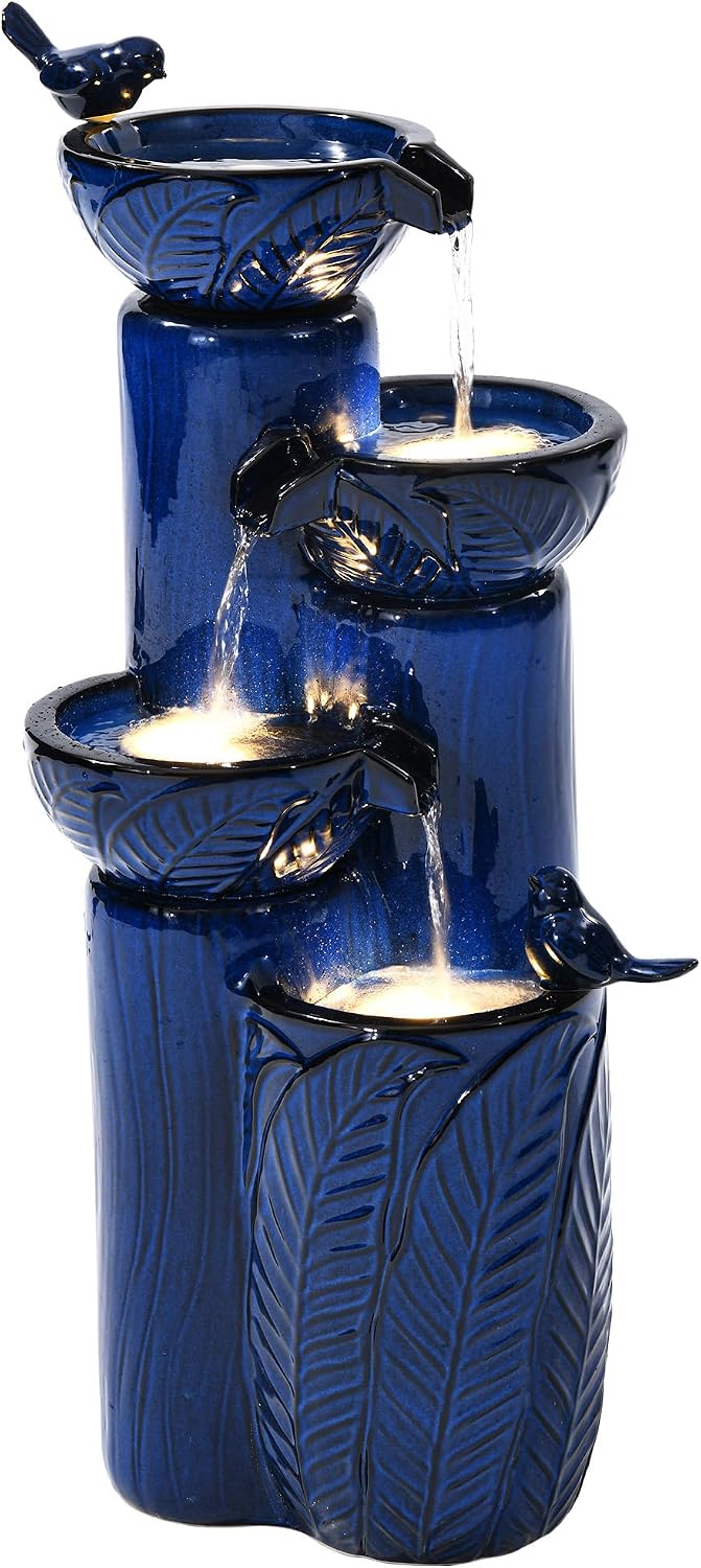 33' H Ceramic Outdoor Water Fountain with LED Lights, 4-Tier Bowl Water Feature with Birds, Cobalt Blue Glaze, Embossed Leaf Pattern, Cascading Waterfall for Tranquil Garden, Patio, or Porch