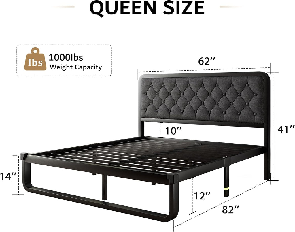 iPormis Queen Bed Frame with Headboard Faux Leather Upholstered Bed Frame Platform, All Metal Slats Support Platform Bed Frame with 12' Under Bed Space, Noise Free, No Box Spring Needed, Dark Grey