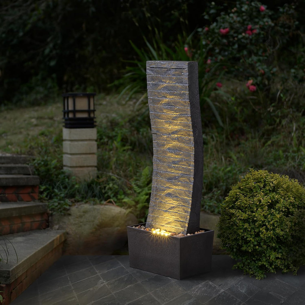 Curved Outdoor Waterfall Fountain, 36.2' Elegant Outdoor Water Fountain with LED Lights for Patio, Garden, Backyard, Modern Large Relaxing Water Feature (24382)