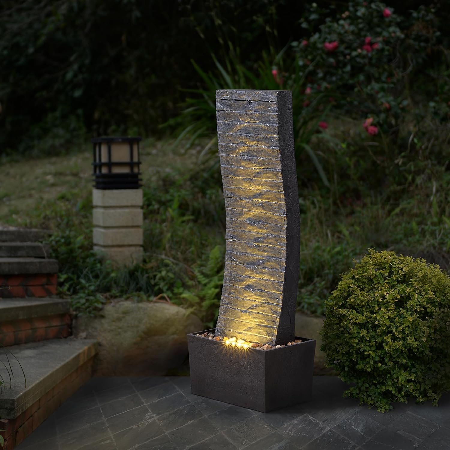 Curved Outdoor Waterfall Fountain, 36.2' Elegant Outdoor Water Fountain with LED Lights for Patio, Garden, Backyard, Modern Large Relaxing Water Feature (24382)