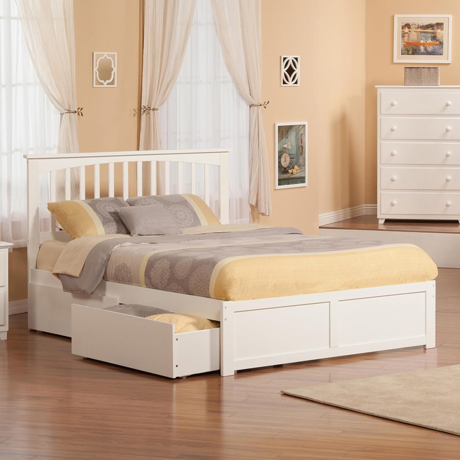 AFI, Mission Queen Platform Bed with Footboard & Storage Drawers, White