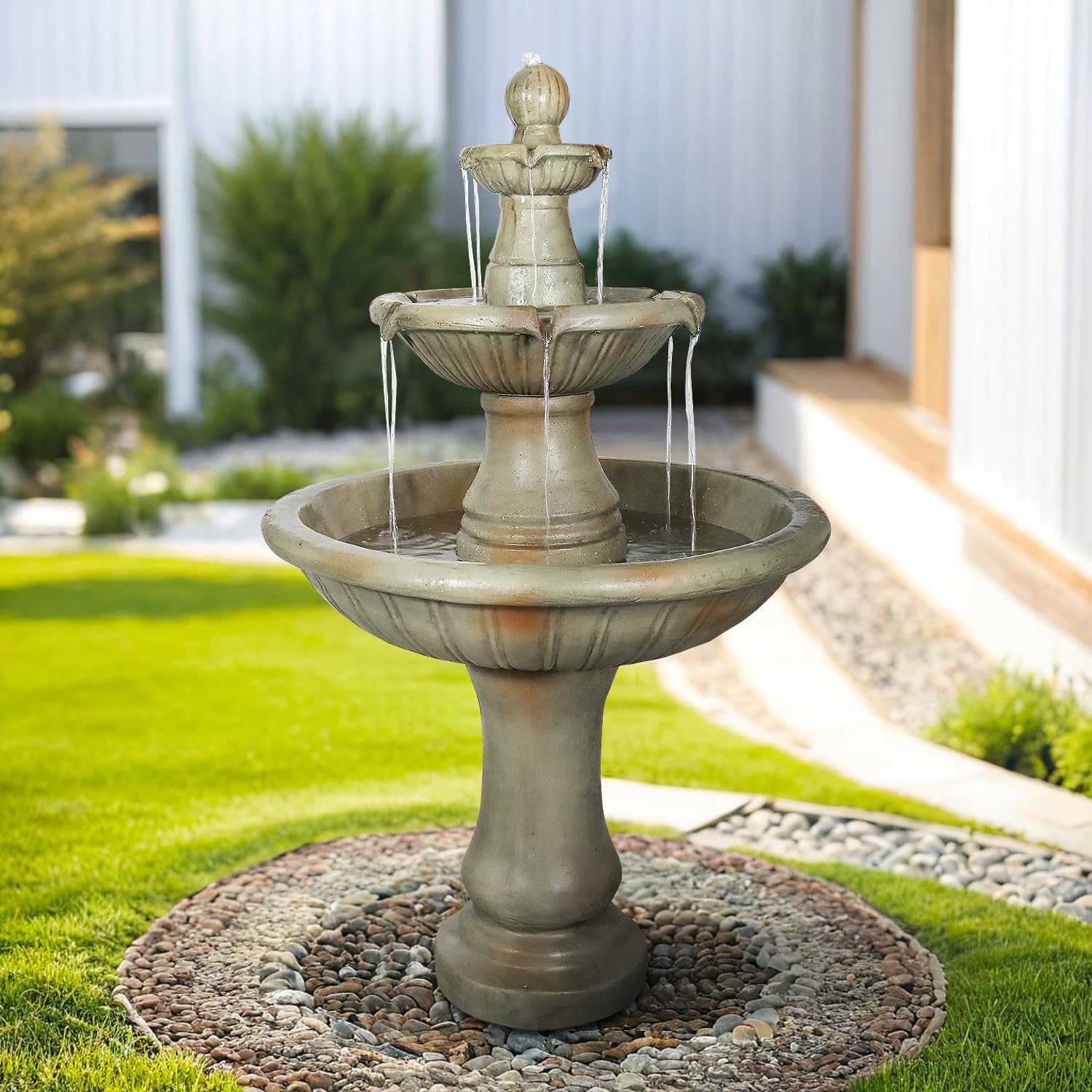 51.5' H Freestanding Outdoor Water Fountain – Stone-Look Weather-Resistant Easy Setup Classic 3-Tier Garden Feature with Electric Pump for Patios, Yards & Courtyards