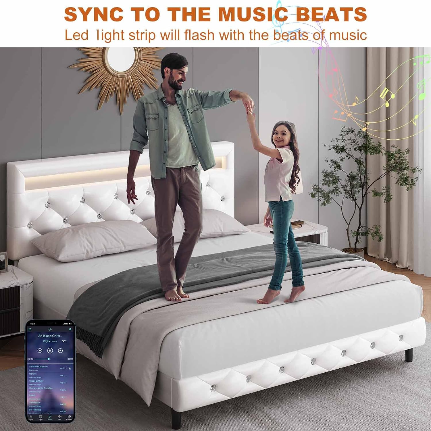 Keyluv Modern Upholstered Full Size Bed Frame with LED Lights, Faux Leather Low Profile Platform Bed Frame, Adjustable Crystal Button Tufted Headboard, Strong Wood Slat Support, Easy Assembly, White