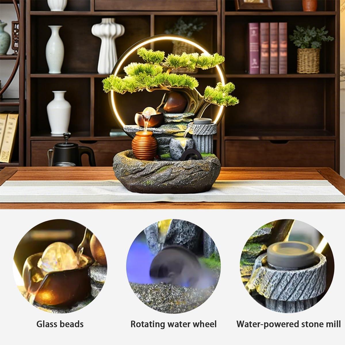Table Fountain, Indoor Water Fountain Tabletop Waterfall, Tiered Cascade Design, Water Feature Indoor, for Home Office Bedroom Relaxation Decor(15.8x11x21in)