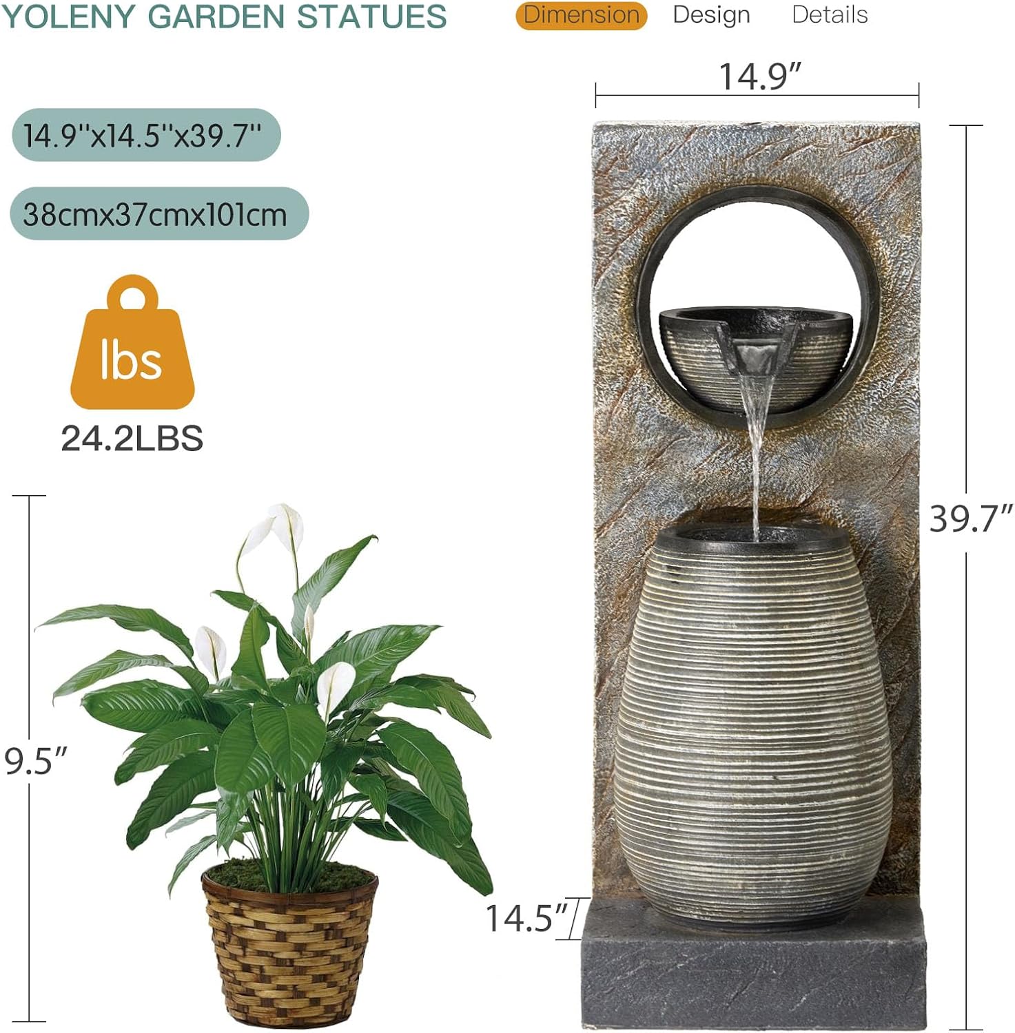 YOLENY Tall Outdoor Fountain with LED Lights, 39.7'' H Water Fountain Modern, Outdoor Freestanding Fountains for Garden Yard Home Decor