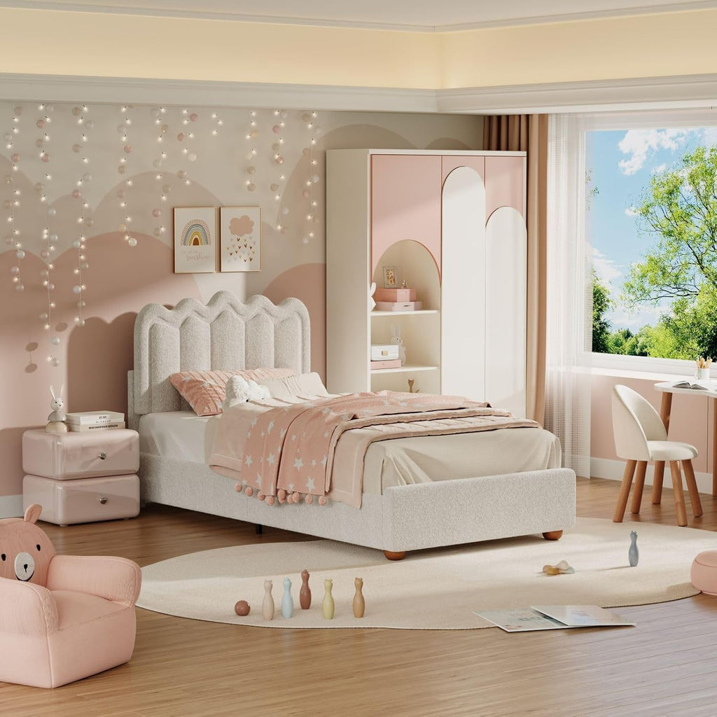 Twin Bed Frame with Headboard, Boucle Bed Frame, Soft Upholstered Platform Cloud Bedframe with Footboard, Solid Wood Legs, Solid Wooden Slats Support, No Box Spring Required, Easy Assembly