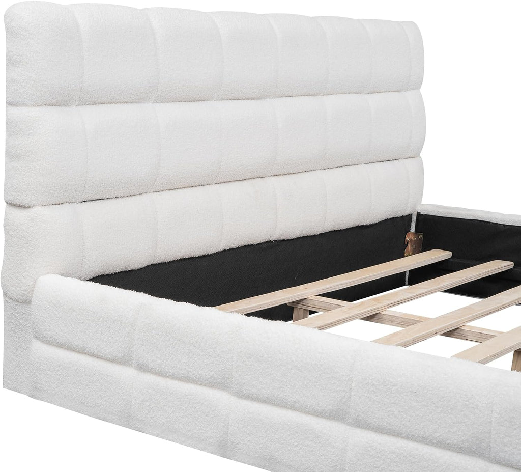 JIVOIT Queen Size Upholstered Platform Bed, Berber Fleece Upholstered Bed with Upholstered Headboard, Wood Low Platform Bed Frame with Wood Slats Support, No Box Spring Required (White & 12)