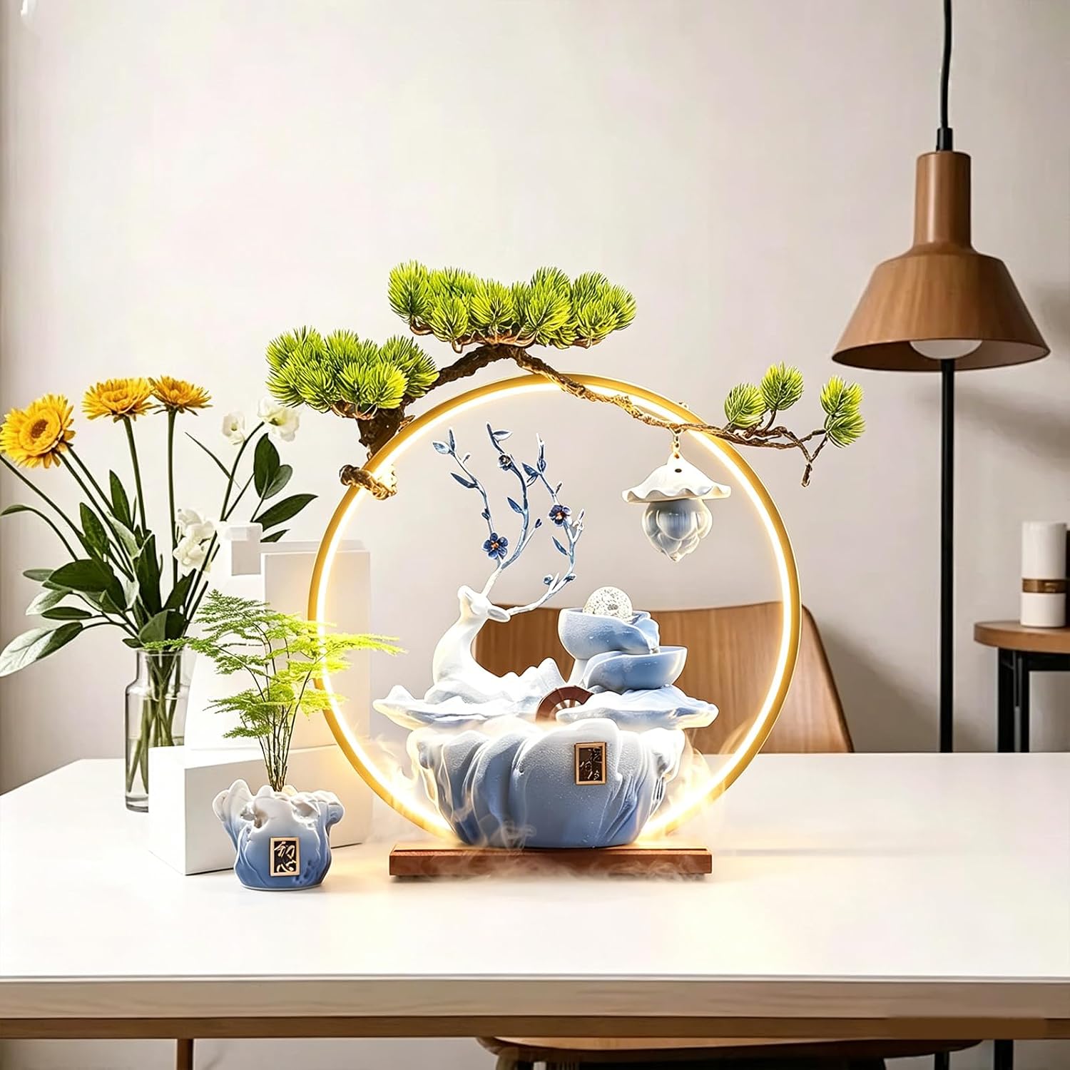 Tabletop Water Fountain, 17.3'Tall Deer Statue Waterfall Fountain with Incense Holder, LED Light & Adjustable Pump, Zen Relaxation Desk Fountains for Office,Living Room or Bedroom