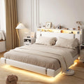 Floating Bed Frame with Storage Headboard, Modern White King Size Bed Frame with LED Light and Charging Station, Upholstered Platform Bed Frame, No Box Spring Needed, Metal Frame Noise-Free