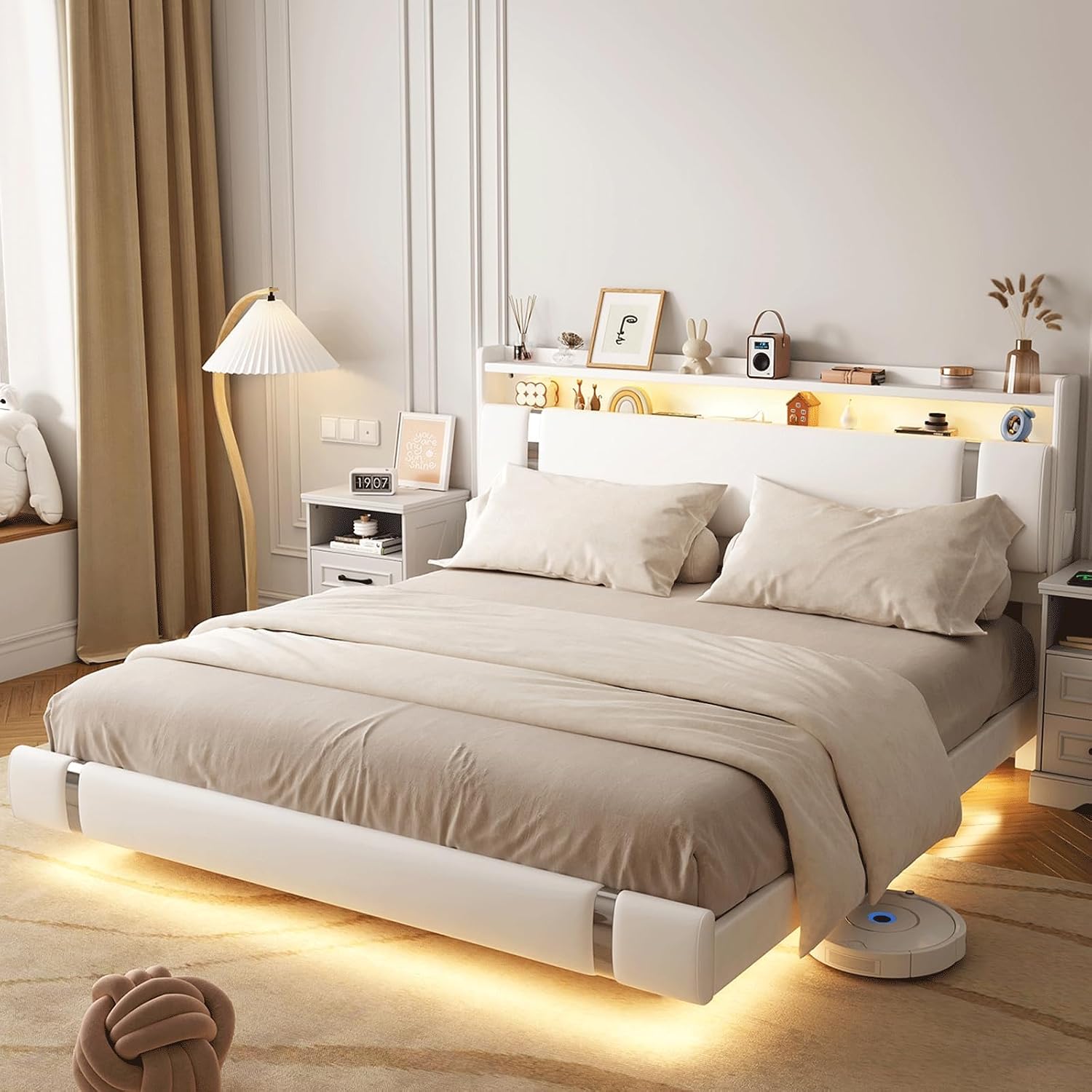 Floating Bed Frame with Storage Headboard, Modern White King Size Bed Frame with LED Light and Charging Station, Upholstered Platform Bed Frame, No Box Spring Needed, Metal Frame Noise-Free