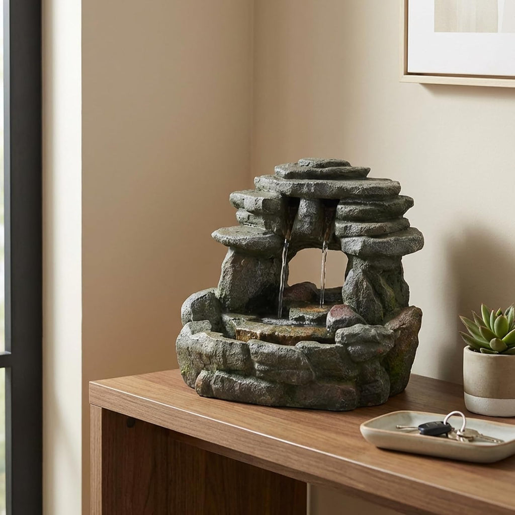 Bumilgar 15.55' Tabletop Rock Water Fountain – Cascading Stacked Stone Waterfall Fountain with LED Light, Zen Indoor Tabletop Fountain for Desk, Side Table, Home Office, Meditation Décor
