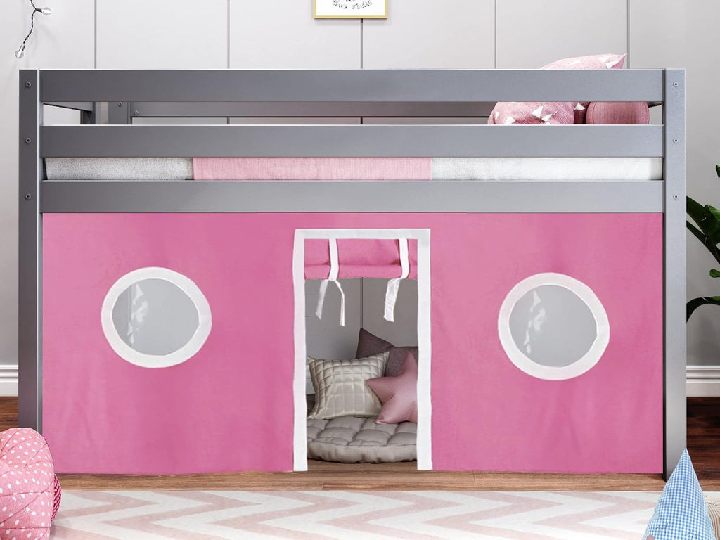 Jackpot! Contemporary Low Loft Twin Bed with End Ladder, Gray with Pink & White Tent