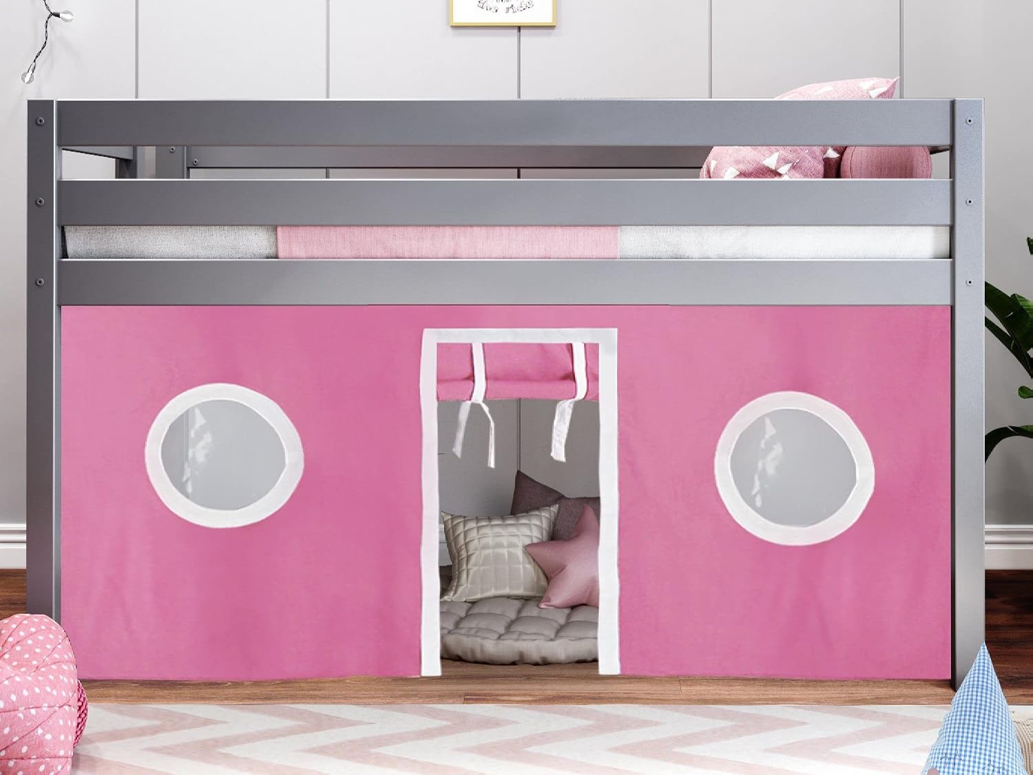 Jackpot! Contemporary Low Loft Twin Bed with End Ladder, Gray with Pink & White Tent