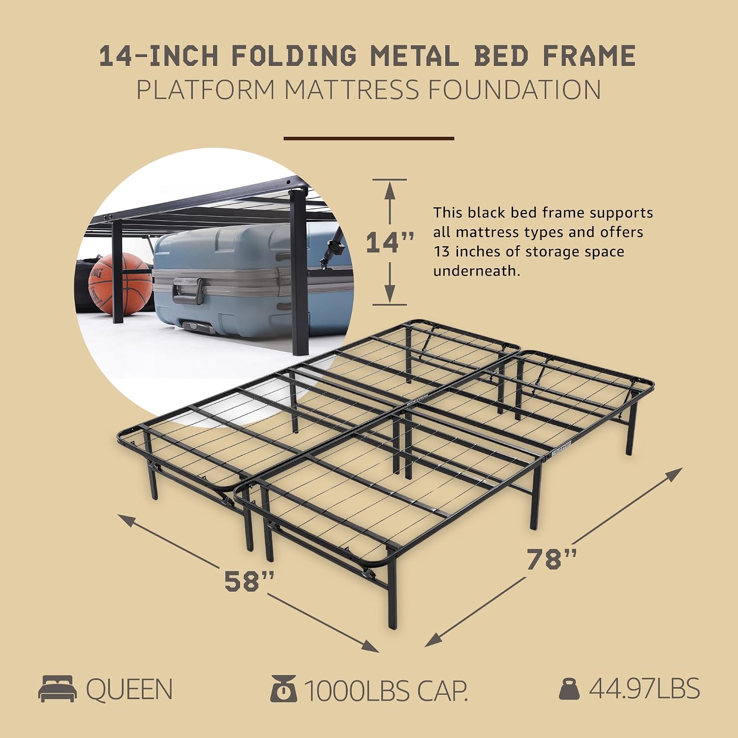 Hercules Folding Metal Bed Frame, 14' Platform Mattress Foundation, No Box Spring Needed, Queen