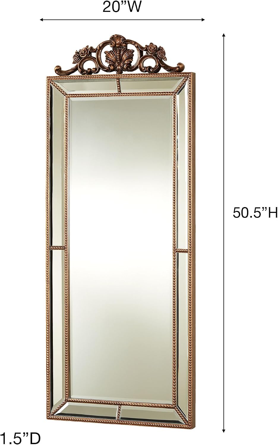 Felix Wall Mirror | Rectangular Beveled Glass with Light Bronze Finish | Resin Bead Trim, Acanthus Leaves, Scrolls, and Rose Motifs | Elegant Classic Traditional | Vertical Home Decor | 50 Inches