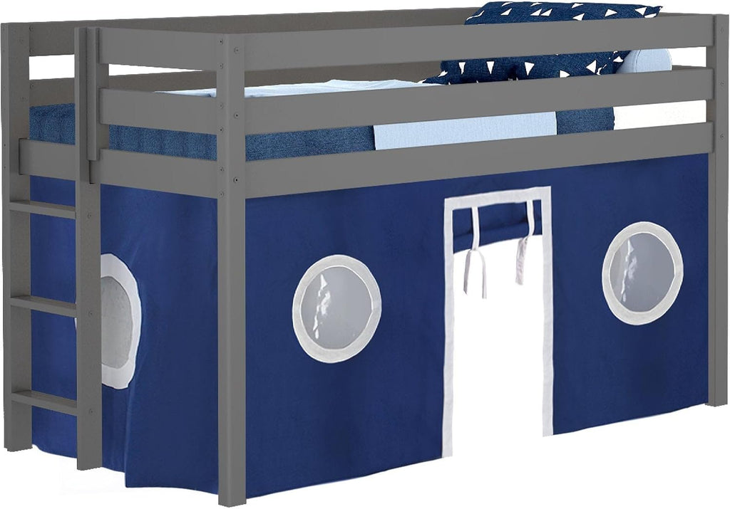 JACKPOT! Contemporary Low Loft Twin Bed with End Ladder, Gray with Blue & White Tent