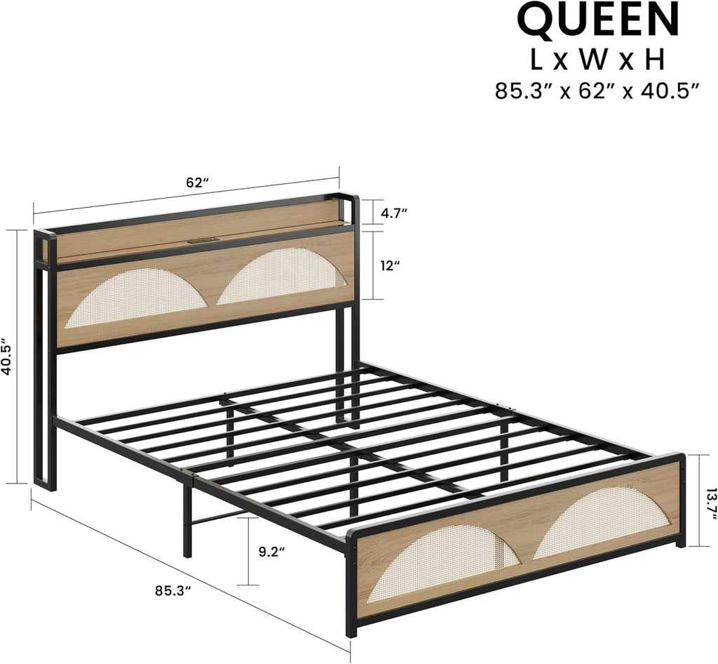 LIKIMIO Rattan Queen Bed Frame with Headboard, LED Lights & Charging Station, Modern Rattan Bedframe, Platform Bed Frame Queen Size, Strong Metal Slat, Noise Free, No Box Spring Needed, Easy Assembly