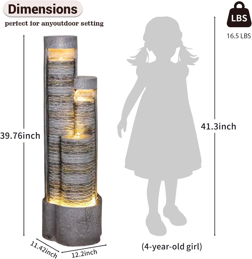 39.76' Tall Indoor Outdoor Water Fountain Modern Water Feature Stone-Textured Cascading Floor-Standing Fountains with Led Lights for Garden, Patio, Balcony, Yard, Office Home Art Decor
