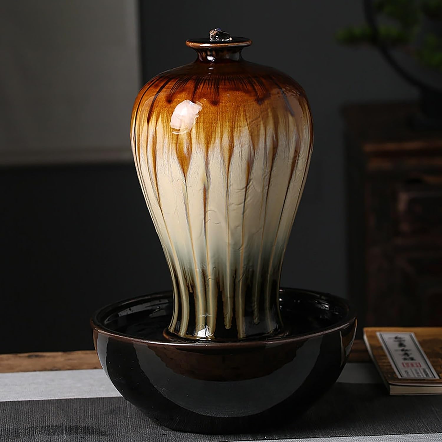 Tabletop Water Fountain, Zen Relaxation, Ceramic Material, Vase Shape, Indoor Waterfall, Meditation, for Home Office Bedroom Living Room Desktop Decor(Yellow,11 * 11 * 15.7IN)