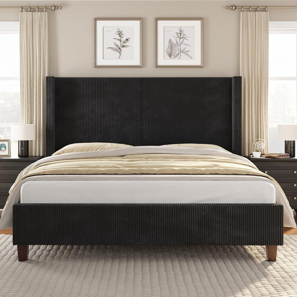 VanAcc Queen Size Platform Bed Frame, 50.8' Corduroy Upholstered Bed with Vertical Channel Tufted Headboard/Wooden Slats/Wingback/No Box Spring Required/Black