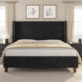 VanAcc Queen Size Platform Bed Frame, 50.8' Corduroy Upholstered Bed with Vertical Channel Tufted Headboard/Wooden Slats/Wingback/No Box Spring Required/Black