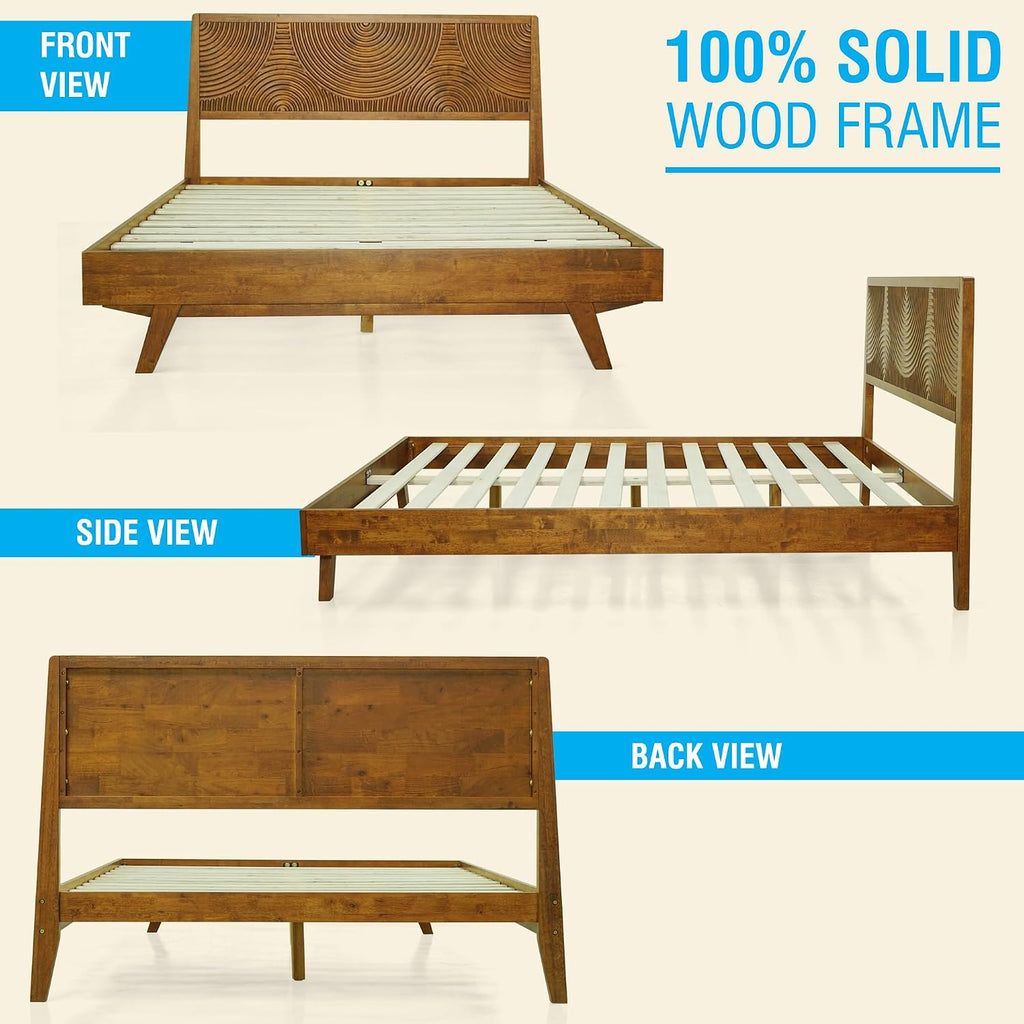Acacia Harmony Queen Platform Bed Frame – Solid Rubber Wood, Caramel Finish, Mid-Century Modern Style, Distinctive Circular Grain, 800lbs Capacity, No Box Spring Needed, Easy Assembly