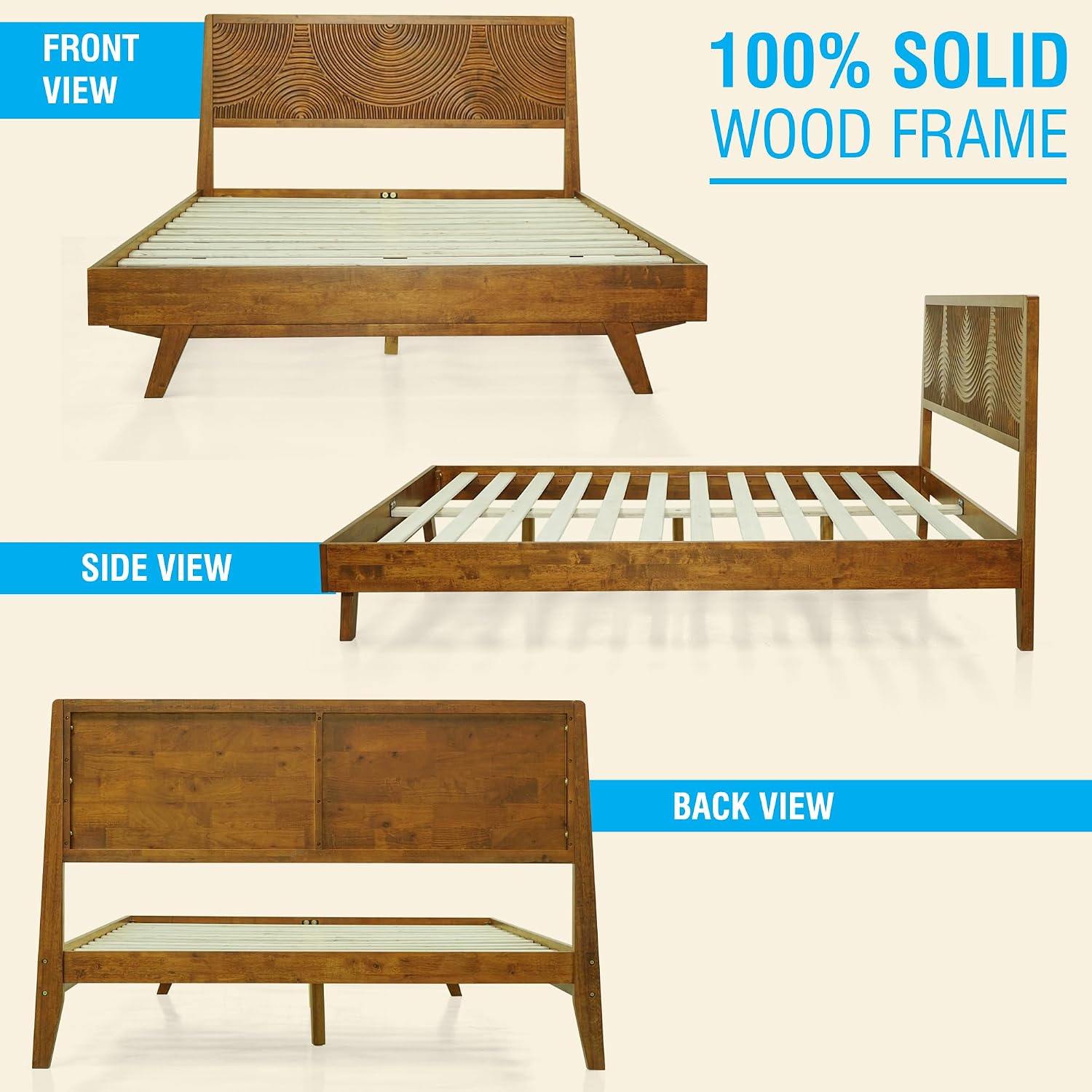 Acacia Harmony Queen Platform Bed Frame – Solid Rubber Wood, Caramel Finish, Mid-Century Modern Style, Distinctive Circular Grain, 800lbs Capacity, No Box Spring Needed, Easy Assembly