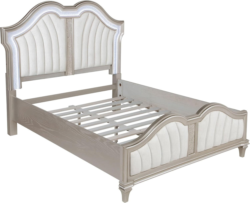 Coaster Home Furnishings Evangeline Modern Classic 5-Piece Bedroom Set Chenille Upholstered Queen Size LED Panel Bed Frame 64-inch Headboard Silver Oak 223391Q-S5