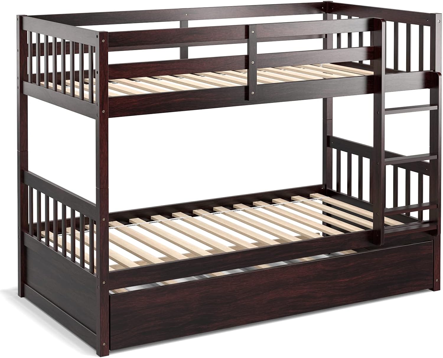 KOMFOTT Wood Twin Over Twin Bunk Bed with Trundle, Solid Pine Wood Bunk Bed Frame with Ladder & Safety Guardrails, Space-Saving Convertible Twin Bed Frame for Home & Dormitory, No Box Spring Needed