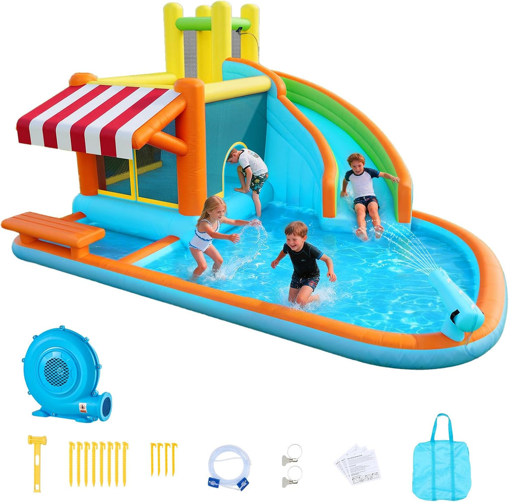 VEVOR Inflatable Pretend Market Bounce House with Blower Large 6-in-1 Kids Water Slide Castle with Splash Pool Climbing Wall Play Booth & Bounce Area for Kids
