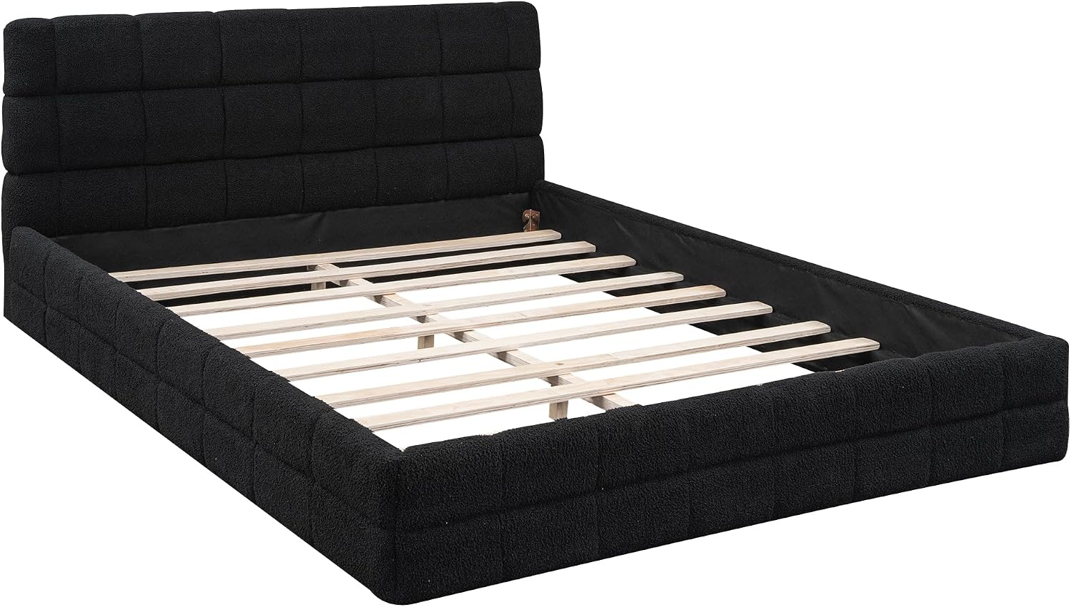 Ball & Cast Queen Size Low Bed Frame with Soft Fleece Headboard, Grounded Floor Platform Bed with Wood Slats Support for Kids Teens Adults, No Box Spring Needed,Easy Assembly,Black