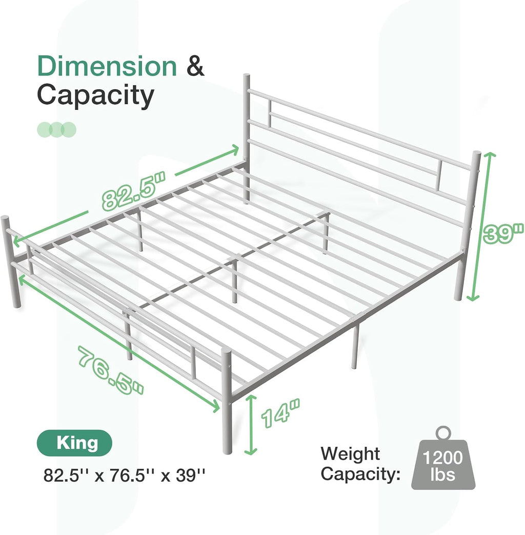 Novilla King Size Bed Frame with Headboard and Footboard, 14 Inch Metal Platform Bed Frame with Under Bed Storage, No Box Spring Needed, Strong Metal Slats Support, White