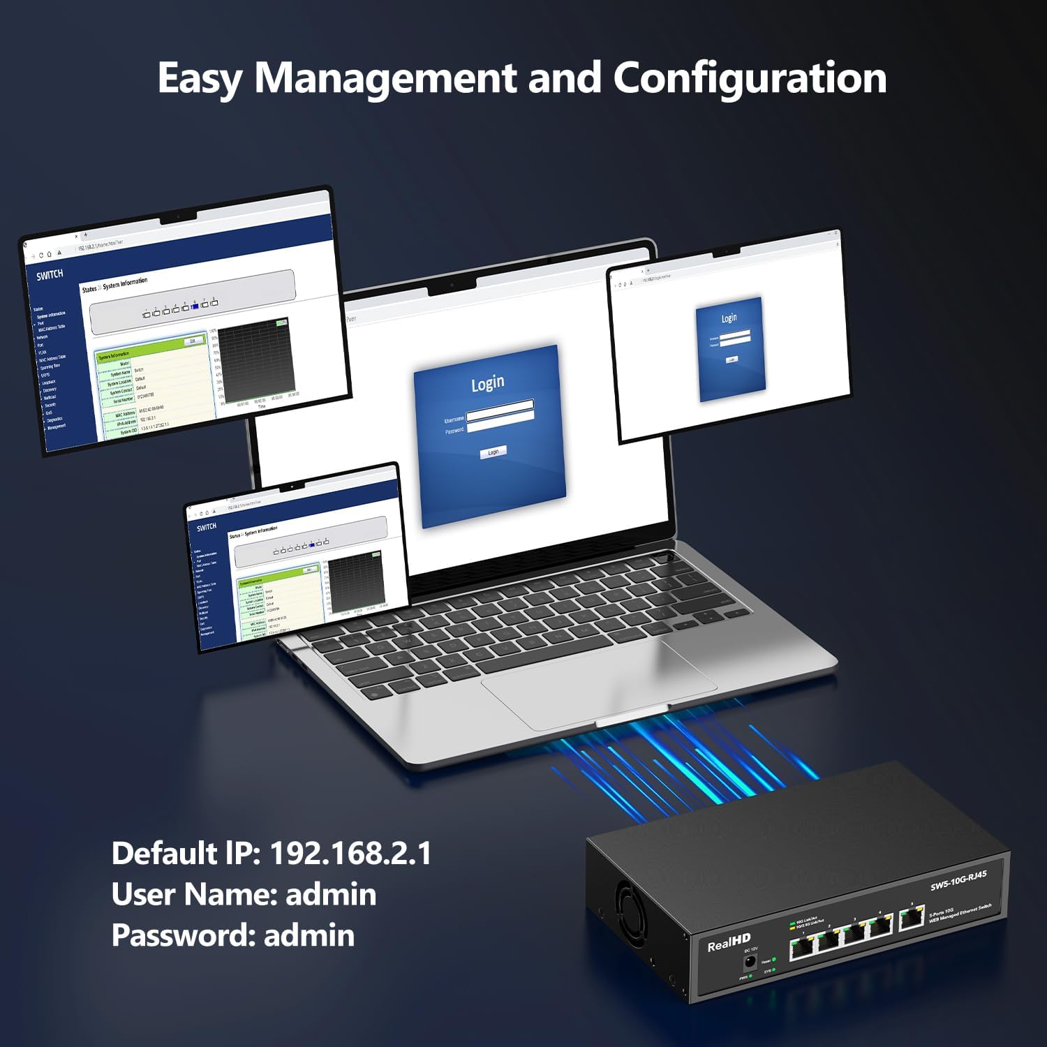 5 Port 10Gb RJ45 Web Managed Ethernet Network Switch, 5 x 10 Gigabit Base-T Port | 10Gbps Multi-Gig Swicth Support 5G-2.5G-1G-100M | 19 Inch Rack Mount | 100G Bandwidth | Metal Casing | Built-in Fan