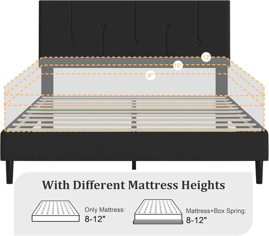 IOILORI Queen Size Bed Frame Platform with Velvet Upholstered Headboard, Sturdy Wooden Slats, No Spring Box, No Noise, Easy to Assemble, Light Grey Bedframe with Strong Wooden Slats, Black