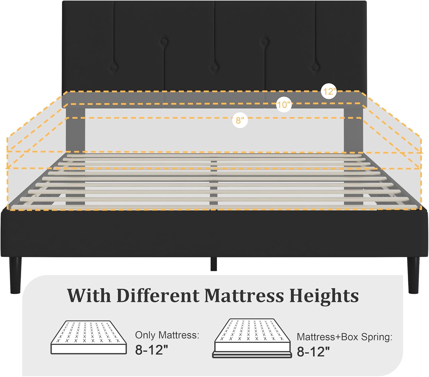 IOILORI Queen Size Bed Frame Platform with Velvet Upholstered Headboard, Sturdy Wooden Slats, No Spring Box, No Noise, Easy to Assemble, Light Grey Bedframe with Strong Wooden Slats, Black