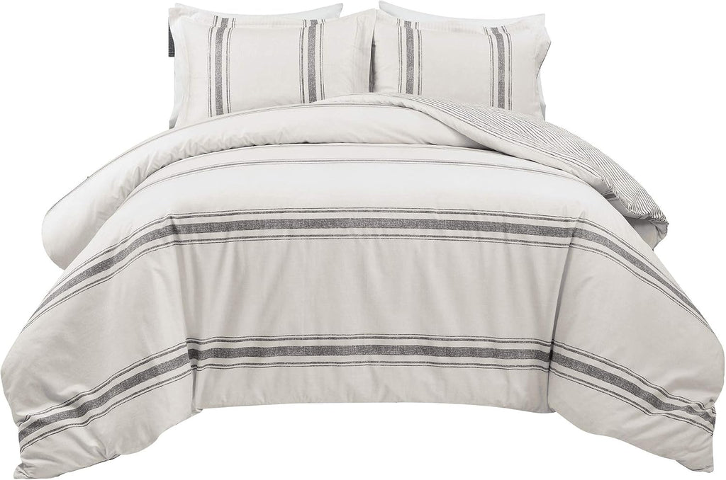 Lush Decor Farmhouse Stripe Reversible Cotton Duvet Cover King Size 3 Piece Set Gray - Farmhouse Bedding Set King - Striped Duvet Cover