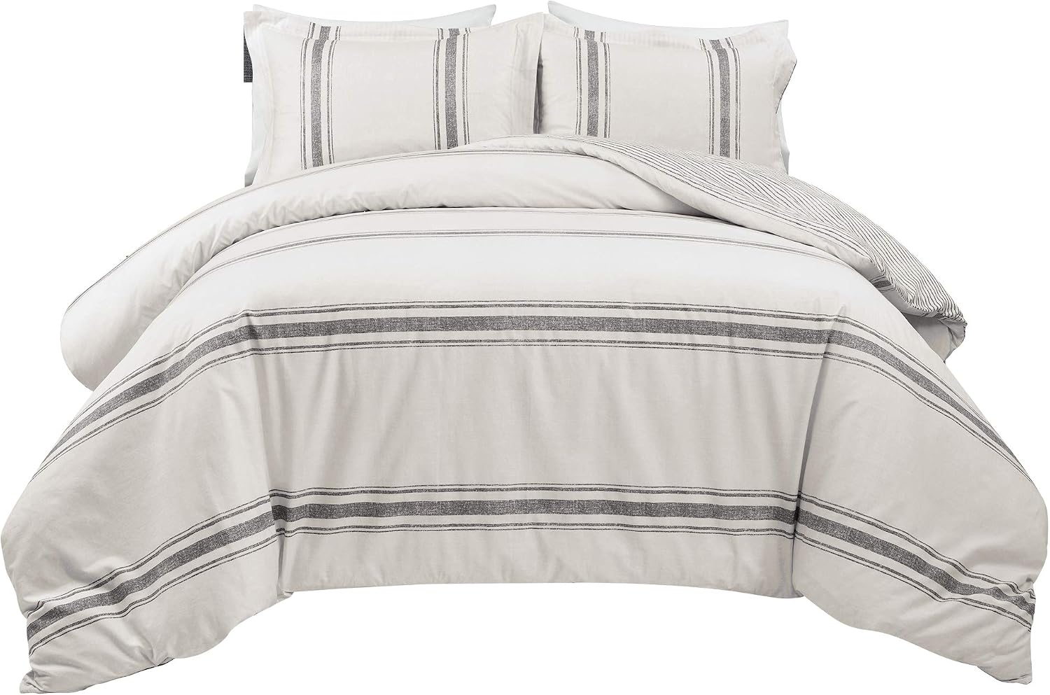 Lush Decor Farmhouse Stripe Reversible Cotton Duvet Cover King Size 3 Piece Set Gray - Farmhouse Bedding Set King - Striped Duvet Cover