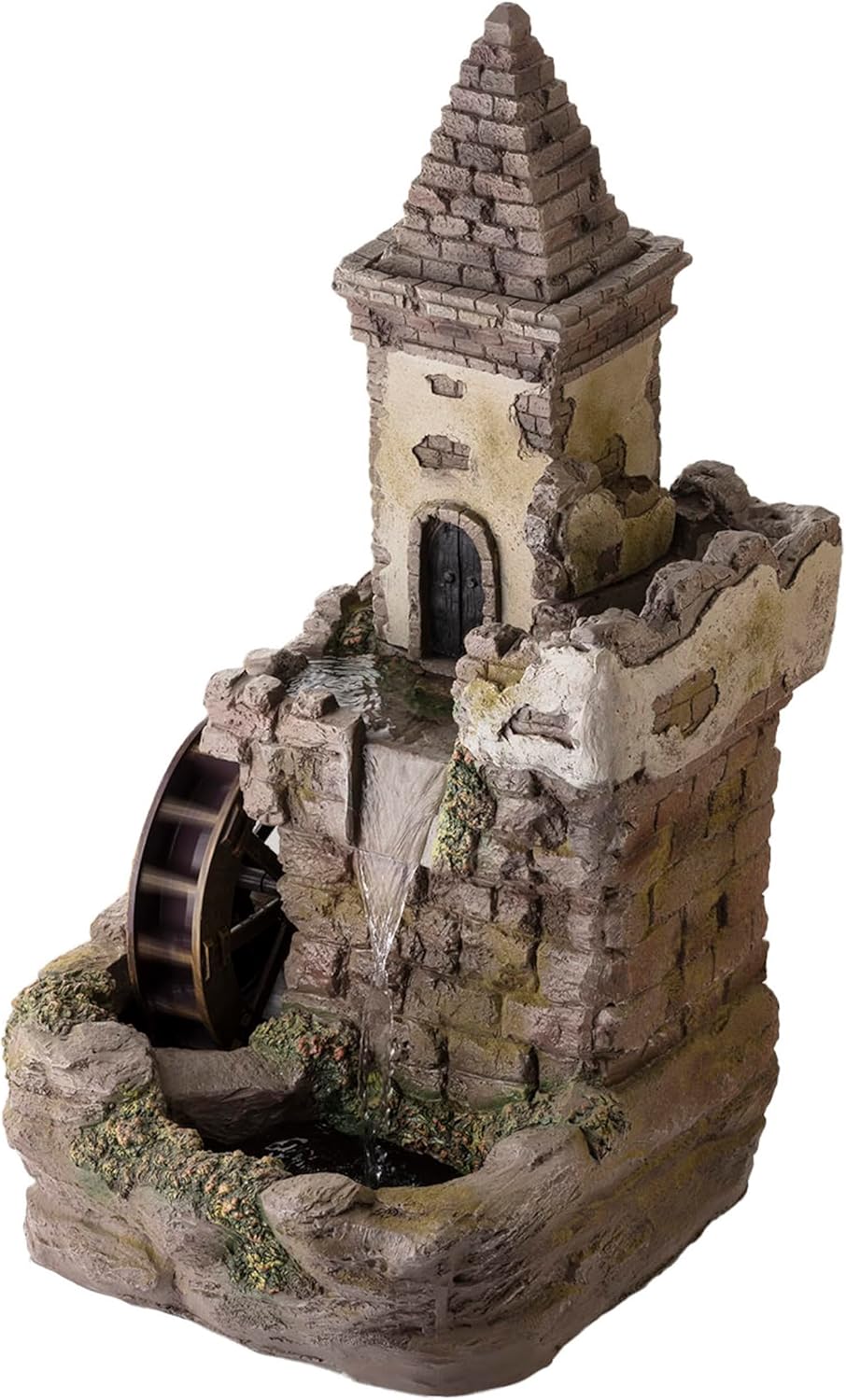 Alpine Corporation USA1164 Outdoor Floor Tiered Fairy Castle Waterwheel Water Fountain with Realistic Stone Look, 35', Brown