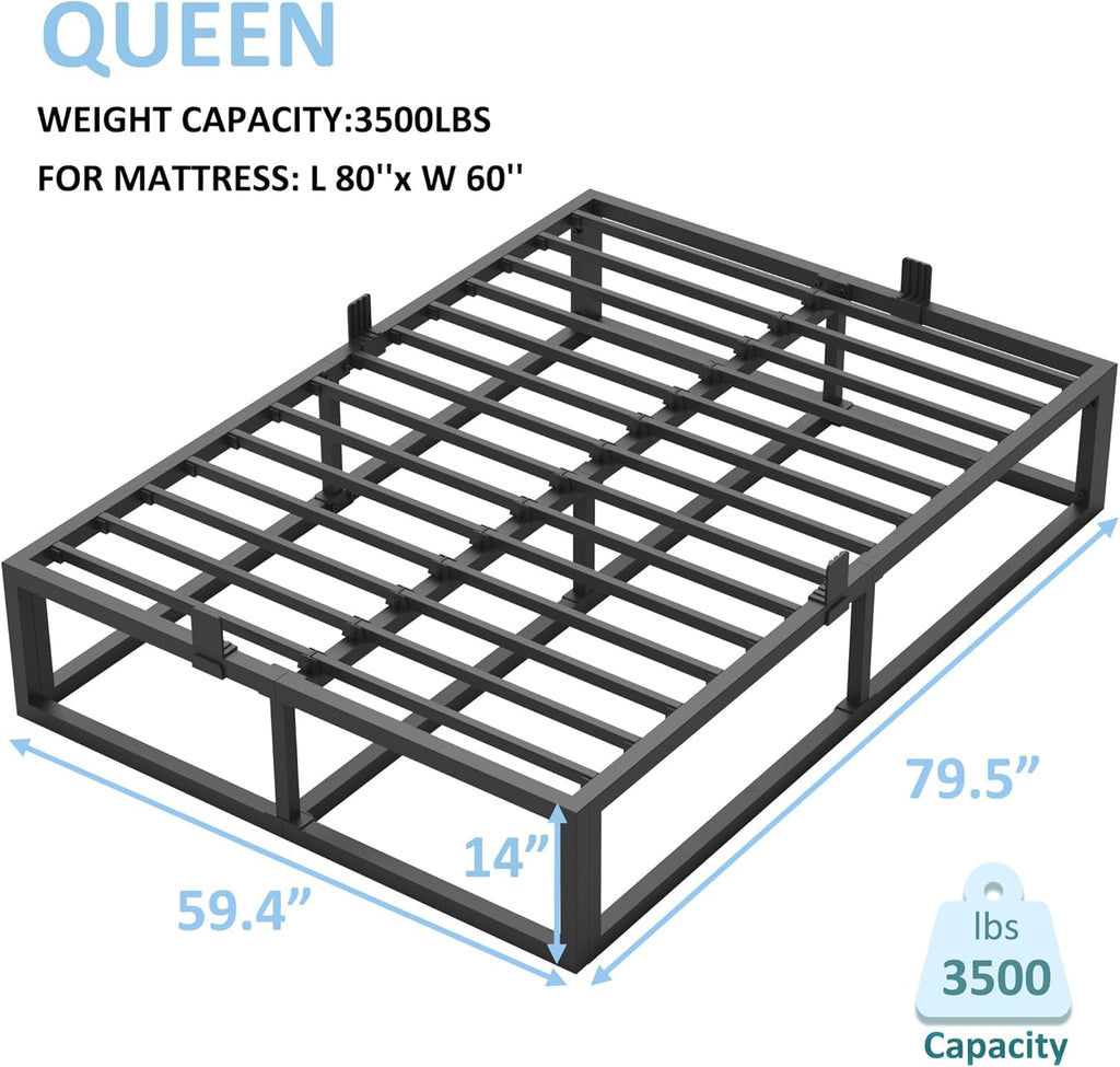 Bilily 14 Inch Queen Bed Frame with Sturdy Steel Slat Support,Heavy Duty Metal Platform Queen Size Mattress Foundation,No Box Spring Needed,Easy Assembly,Noise Free,Black