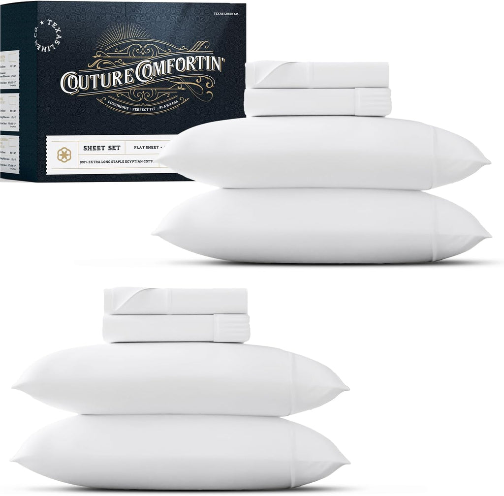 TEXAS LINEN CO. 100% Egyptian Cotton Queen Sheets Set Pack of 2 - Luxury 1500 Series Couture Comfortin' Collection Egyptian Cotton Sheets Queen Bed Set (8 PC, White), 17' Deep Pocket, Hotel Bedding