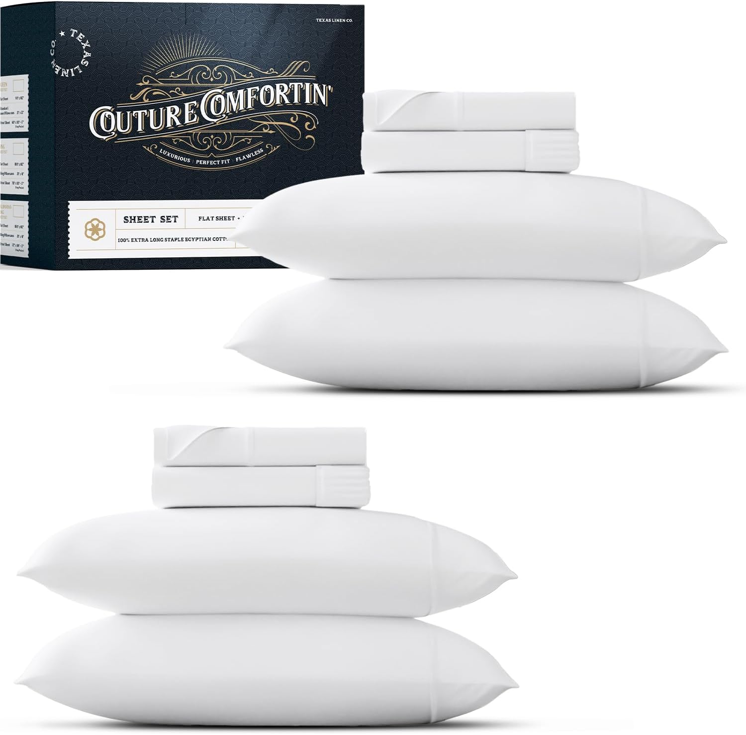 TEXAS LINEN CO. 100% Egyptian Cotton Queen Sheets Set Pack of 2 - Luxury 1500 Series Couture Comfortin' Collection Egyptian Cotton Sheets Queen Bed Set (8 PC, White), 17' Deep Pocket, Hotel Bedding
