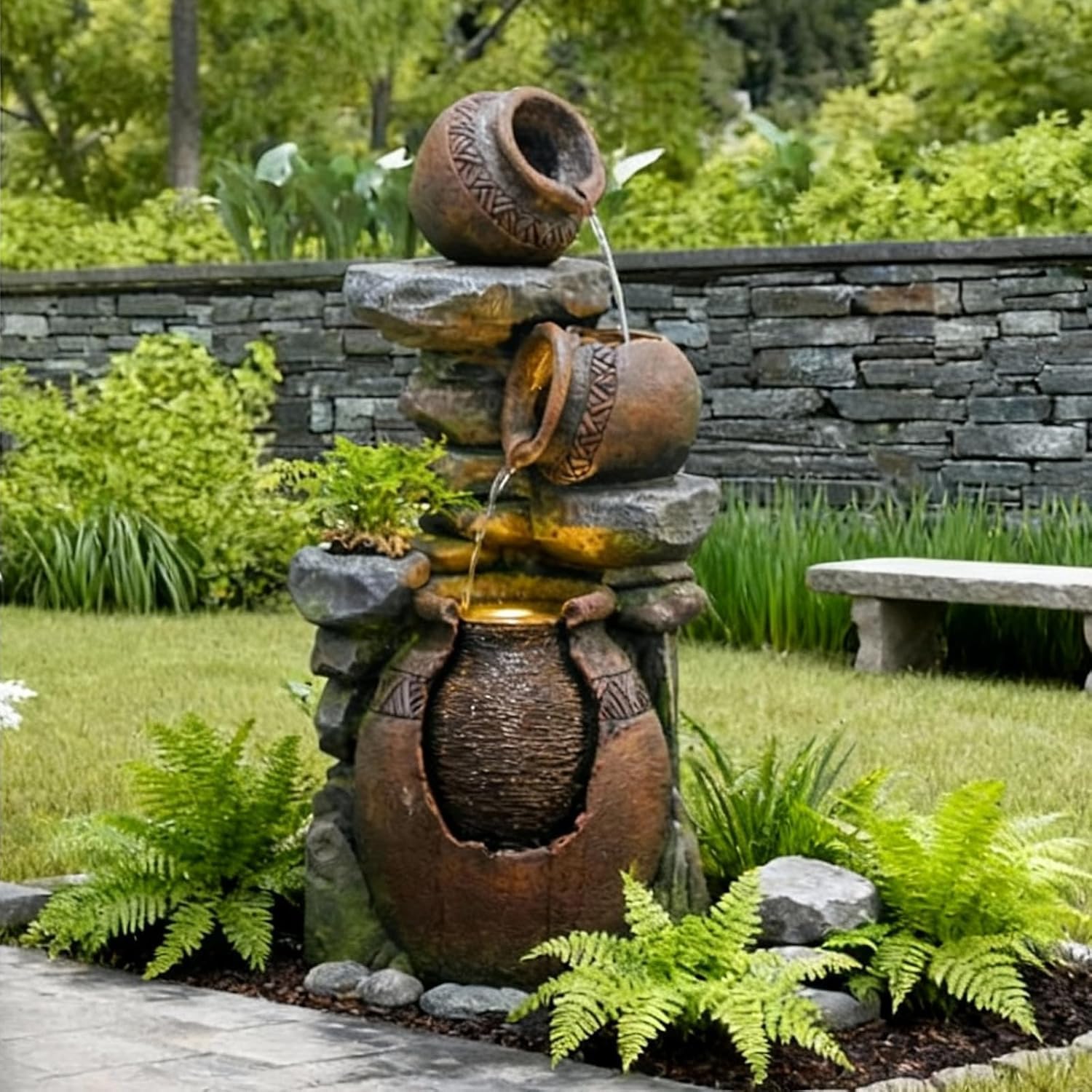 Bumilgar 38.4' H Garden Water Fountain, 3-Tier Cascading Water Features with LED Light, Faux Terracotta Jar Design for Patio, Backyard, Deck, Porch, and Home Art Décor, Brown