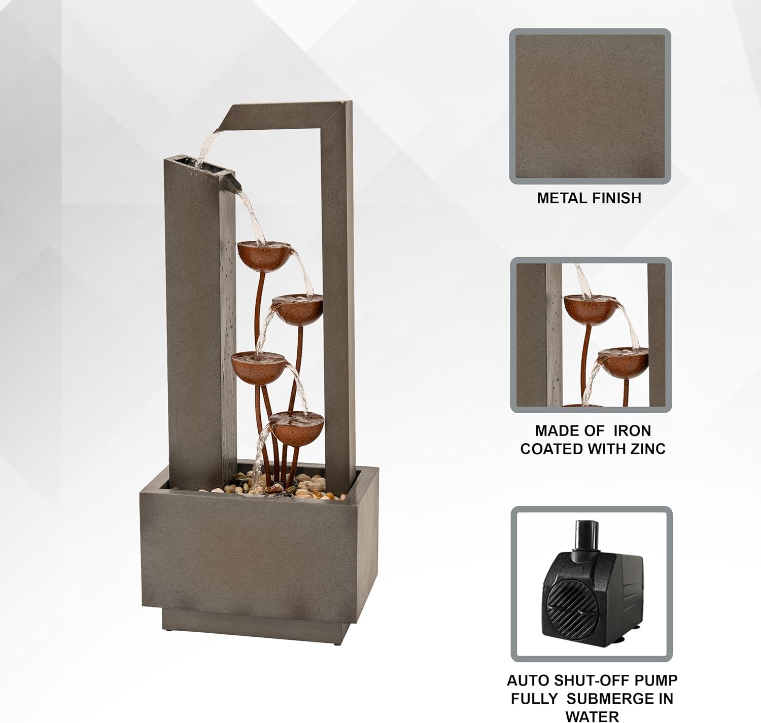 XBrand 38' Tall Gray and Bronze Metal Sculptural Flower Multi-Tier Freestanding Water Fountain for Indoor & Outdoor Use, Decorative Garden Patio Backyard Water Feature
