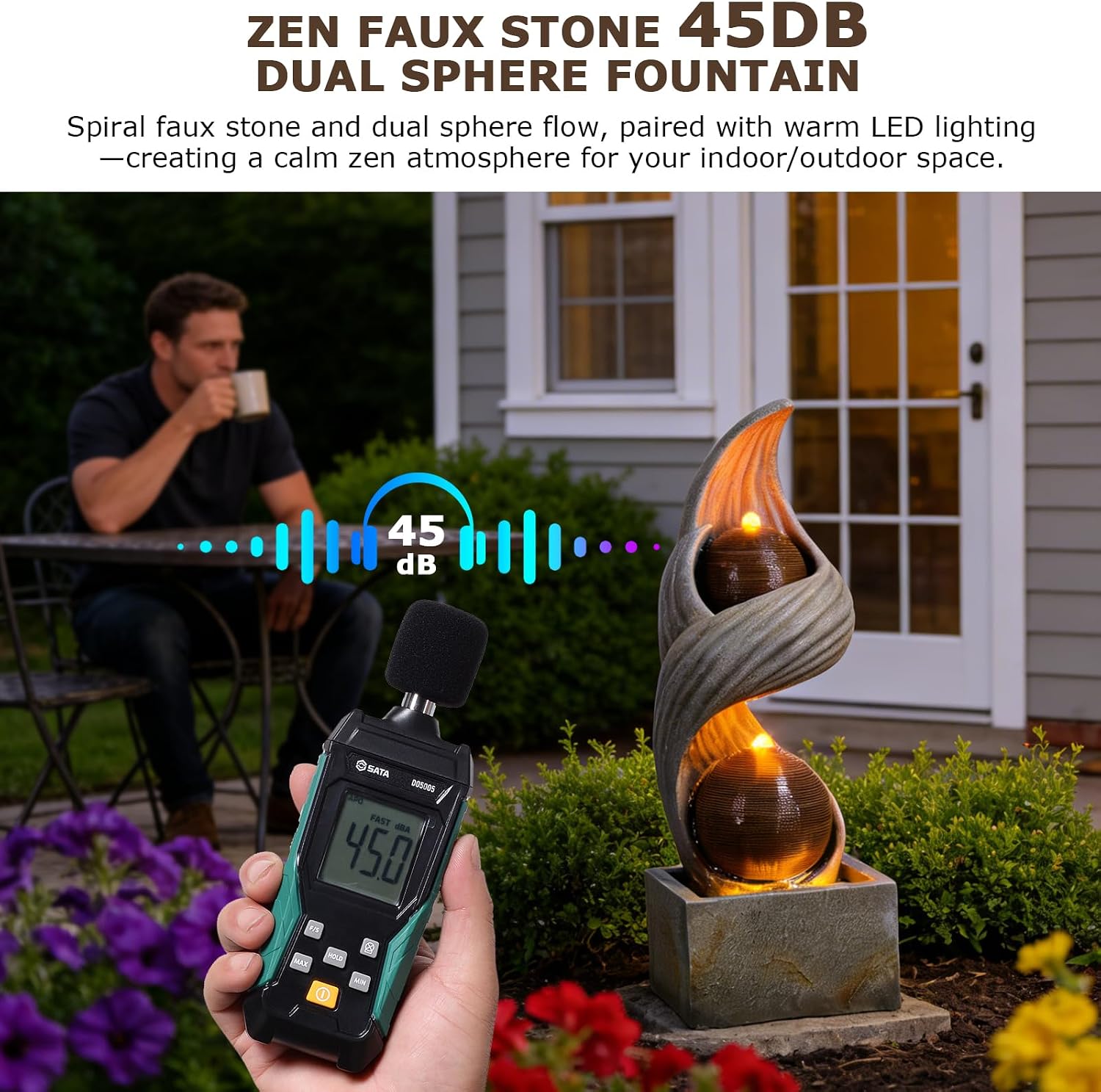 42.9'H Large Water Fountains Outdoor,Modern Spiral Water Fountain Outdoor with Dual Spheres Zen Water Feature Floor Fountain with Light LED Waterfall for Outside Deck, Patio, Porch, Garden, Yard Decor