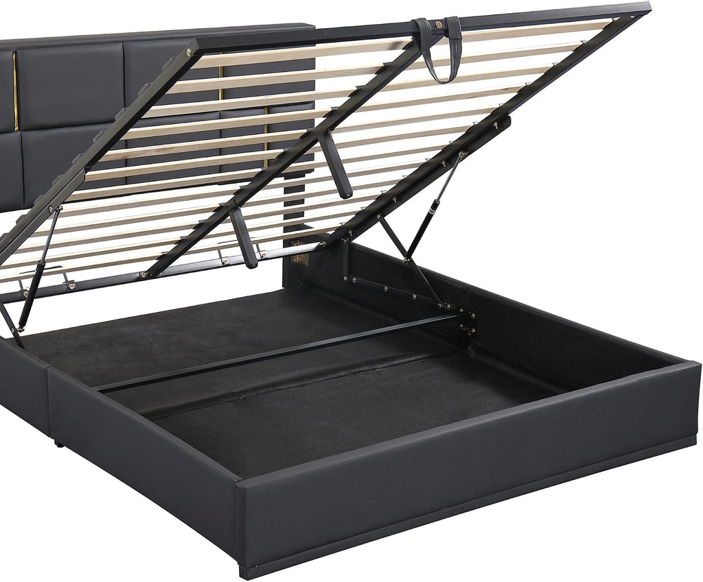 Queen Size Lift Up Storage Bed Frame, PU Leather Upholstered Platform Bed with Hydraulic Storage System and Wooden Slats Support, No Box Spring Needed - Black