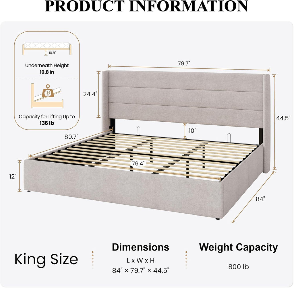 SHA CERLIN King Size Lift Up Storage Bed/Modern Wingback Headboard/Upholstered Platform Bed Frame/Hydraulic Storage/No Box Spring Needed/Wood Slats Support/Light Beige