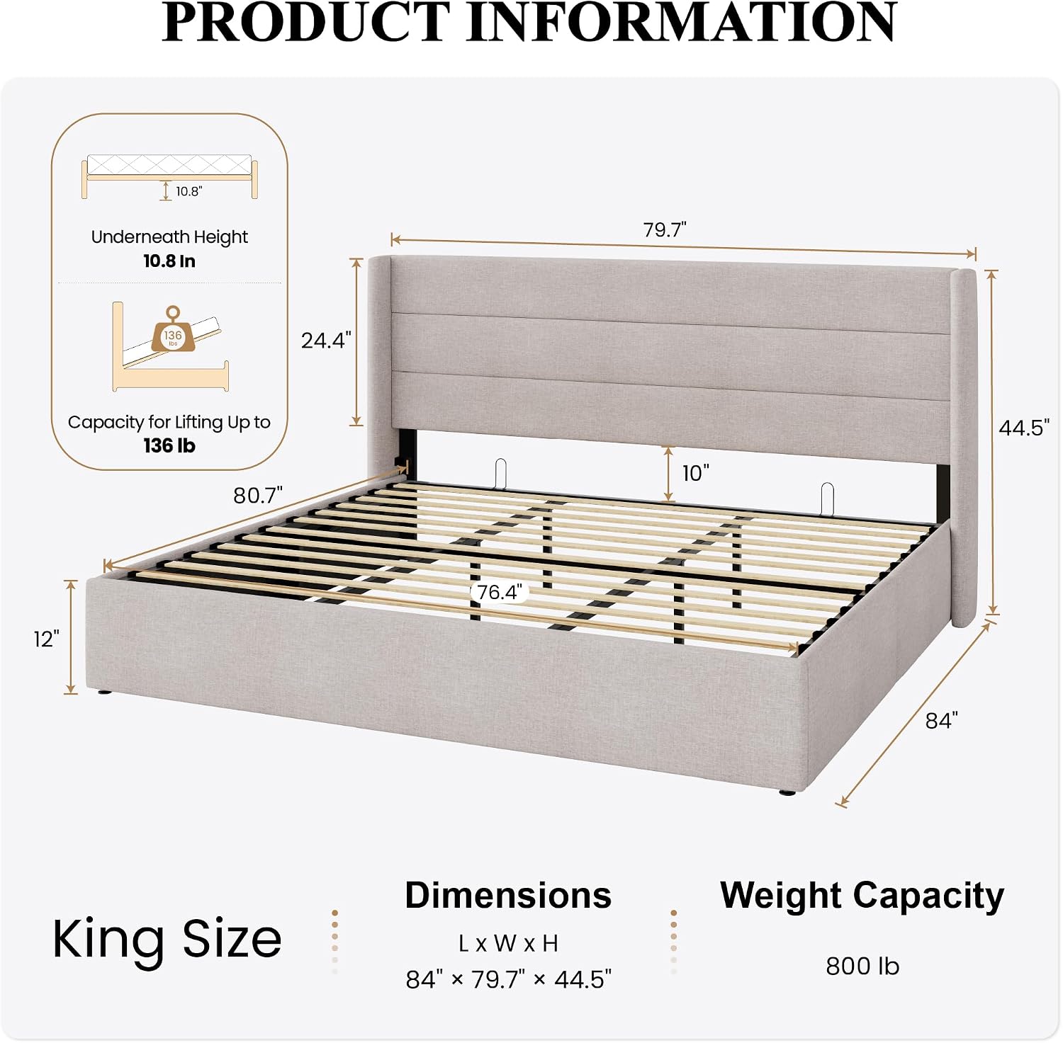 SHA CERLIN King Size Lift Up Storage Bed/Modern Wingback Headboard/Upholstered Platform Bed Frame/Hydraulic Storage/No Box Spring Needed/Wood Slats Support/Light Beige